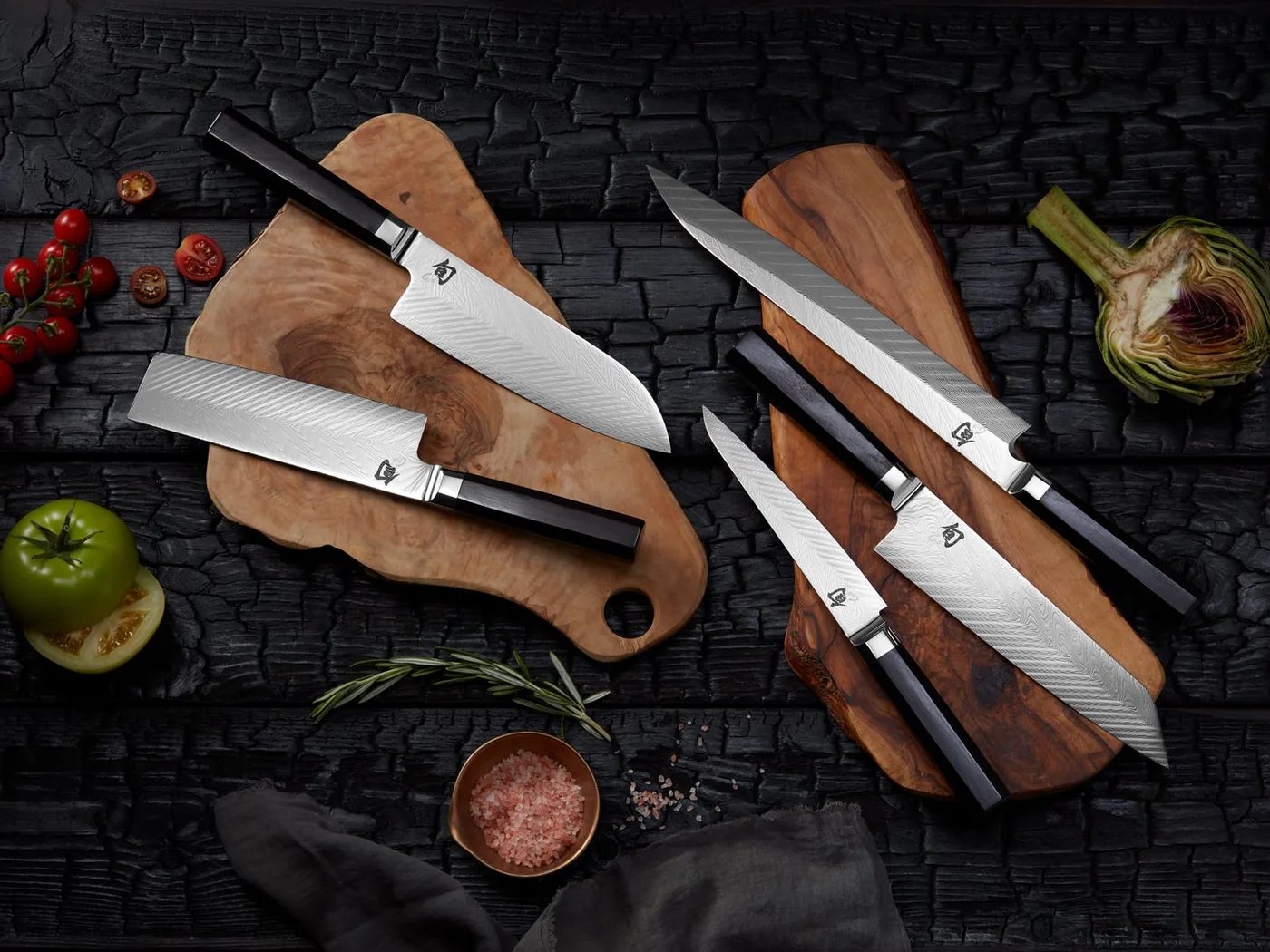 Shun Dual Core knives with layered Damascus blades