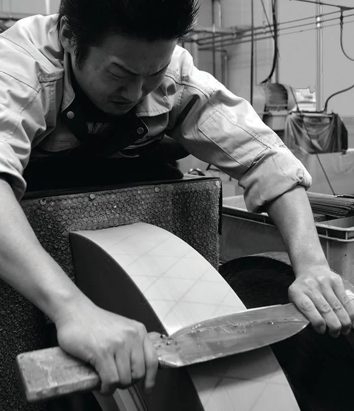 A Shun blade being ground by hand in the Seki City workshop
