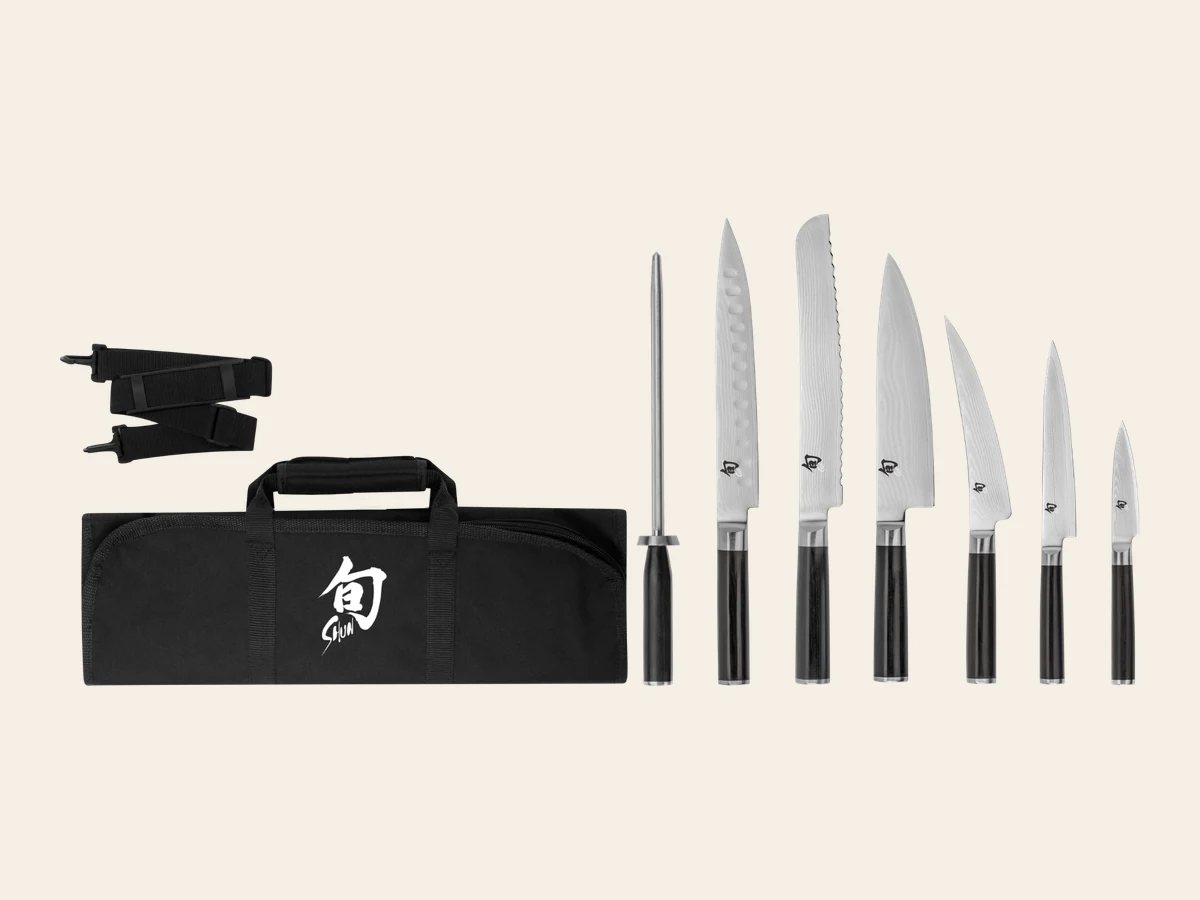 Shun Classic eight-piece student knife set in a fabric roll