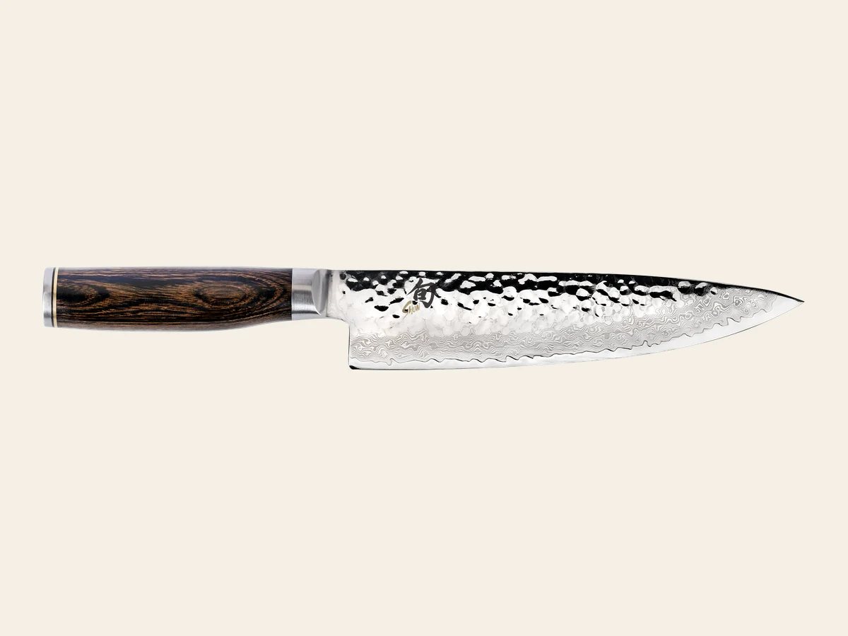 Shun Premier eight-inch chef’s knife with hammered blade and walnut handle