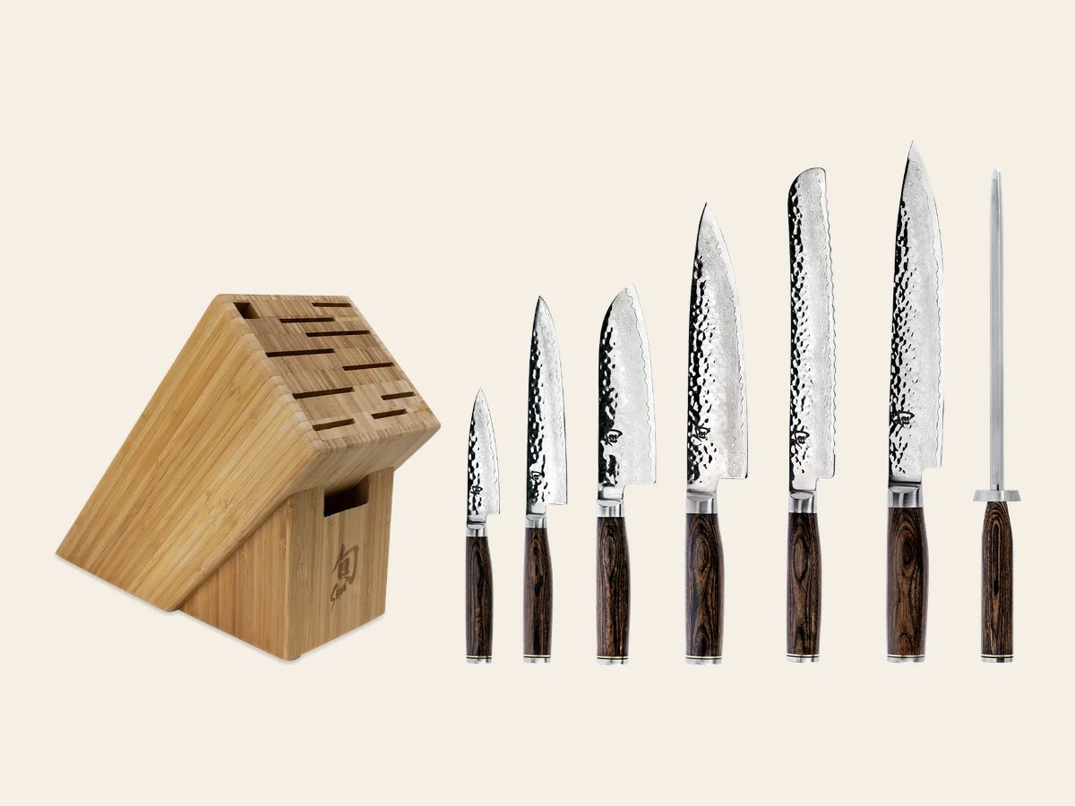 Shun Premier eight-piece professional block set with hammered Damascus knives