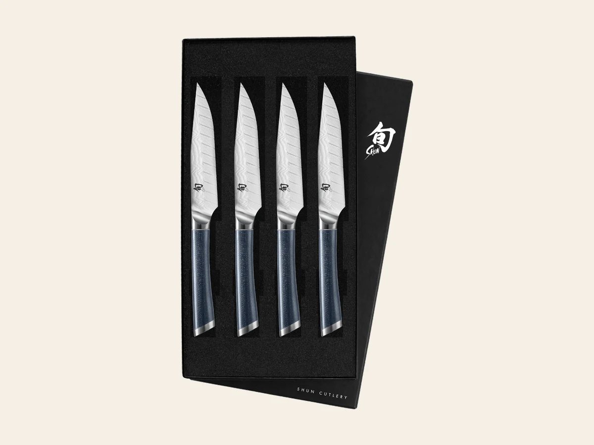 Shun Shiranami four-piece steak knife set with blue micarta handles