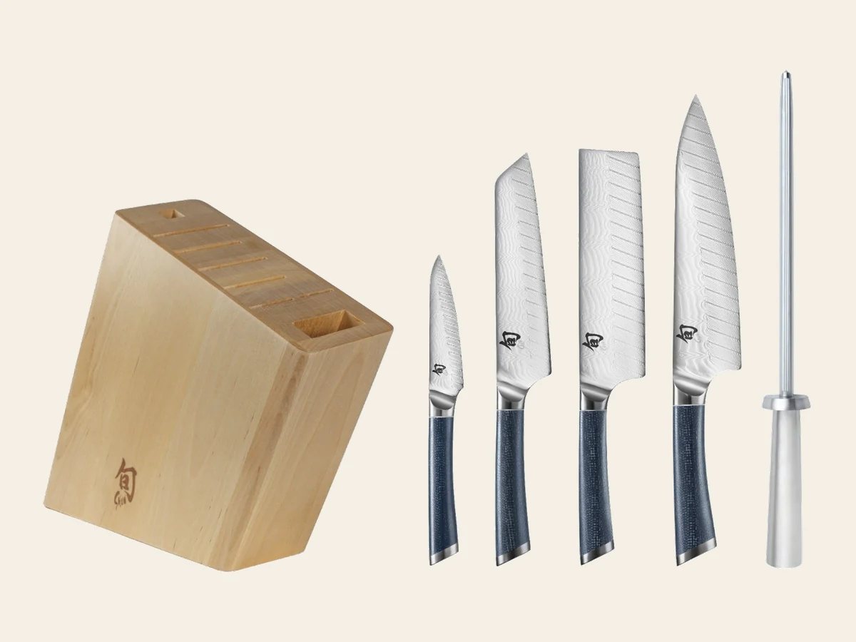 Shun Shiranami six-piece knife set with Damascus blades and a birch block