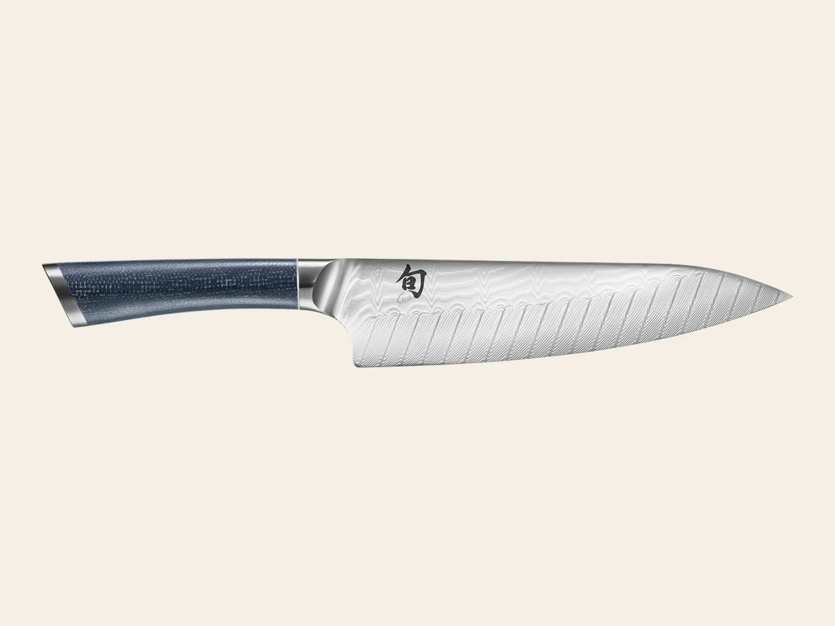 Shun Shiranami eight-inch chef’s knife with wave Damascus and blue micarta handle